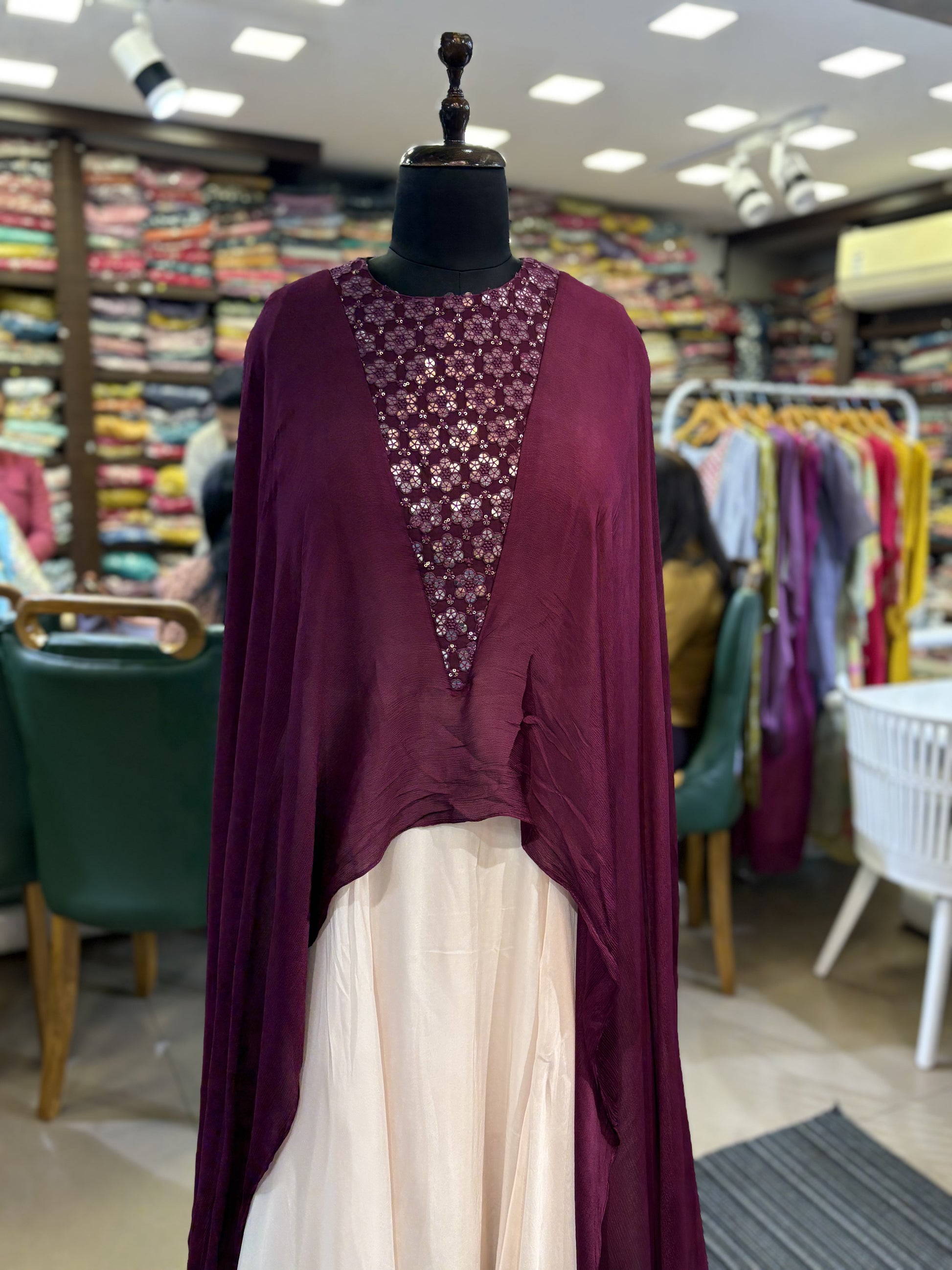 Wine sequin work fusion style gown for parties