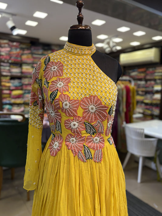 Yellow Beads Work Floral Embellishment Gown