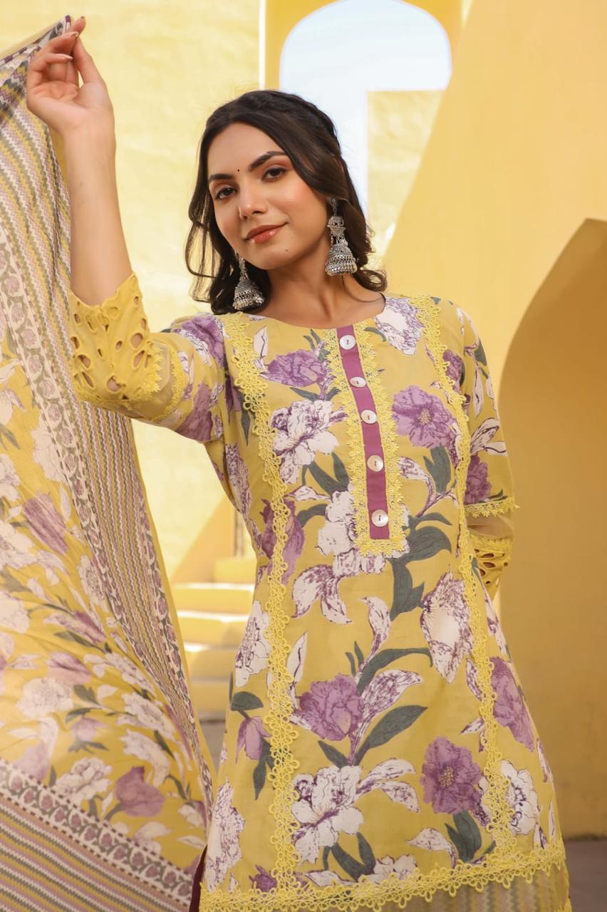 Yellow Floral Print Suit With Dupatta