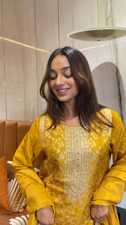 Yellow Zari Weaving Suit Set For Girls
