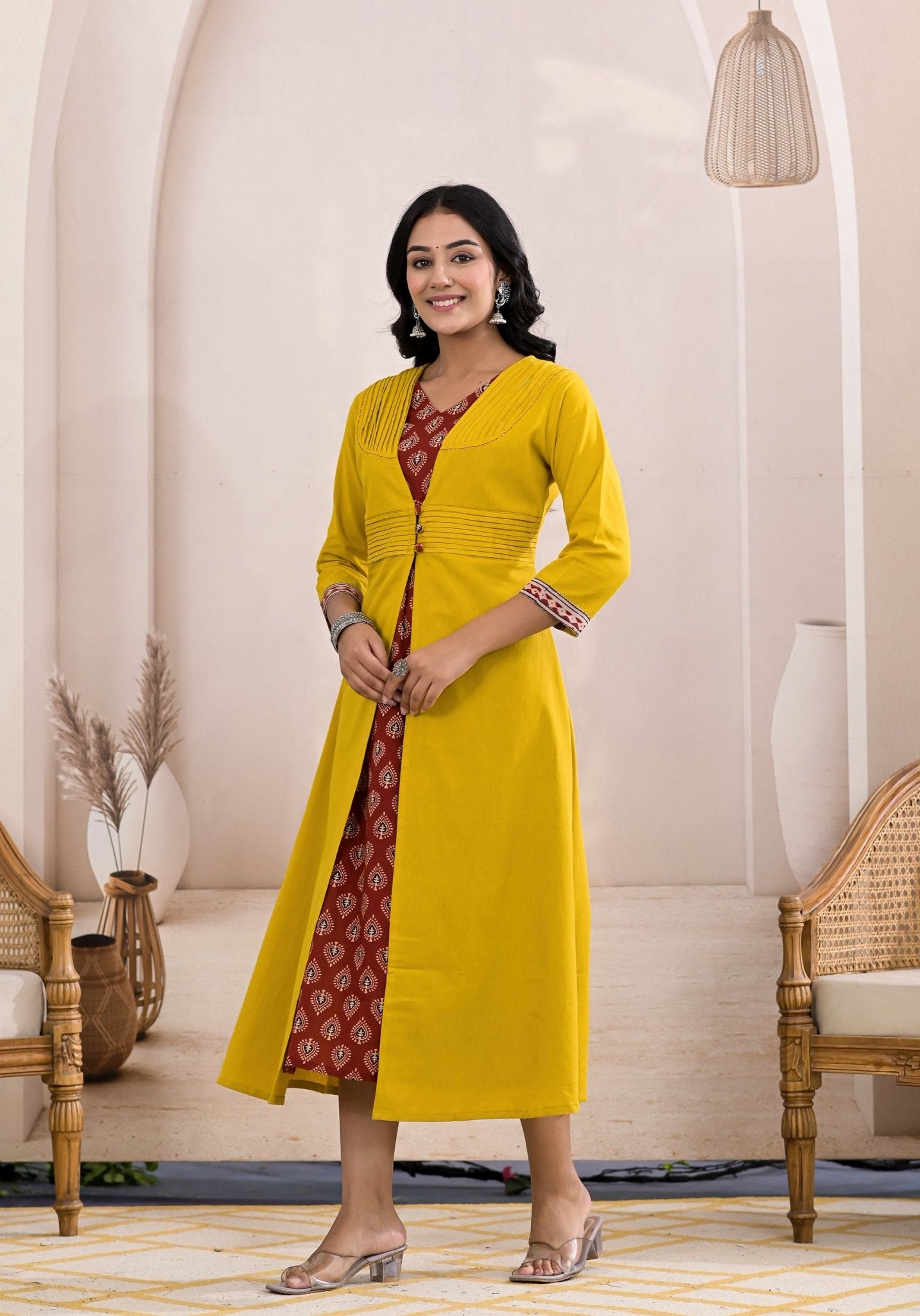 Attractive Yellow Block Print Midi Dress - Anusheet