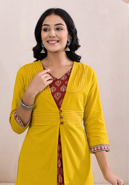 Attractive Yellow Block Print Midi Dress - Anusheet