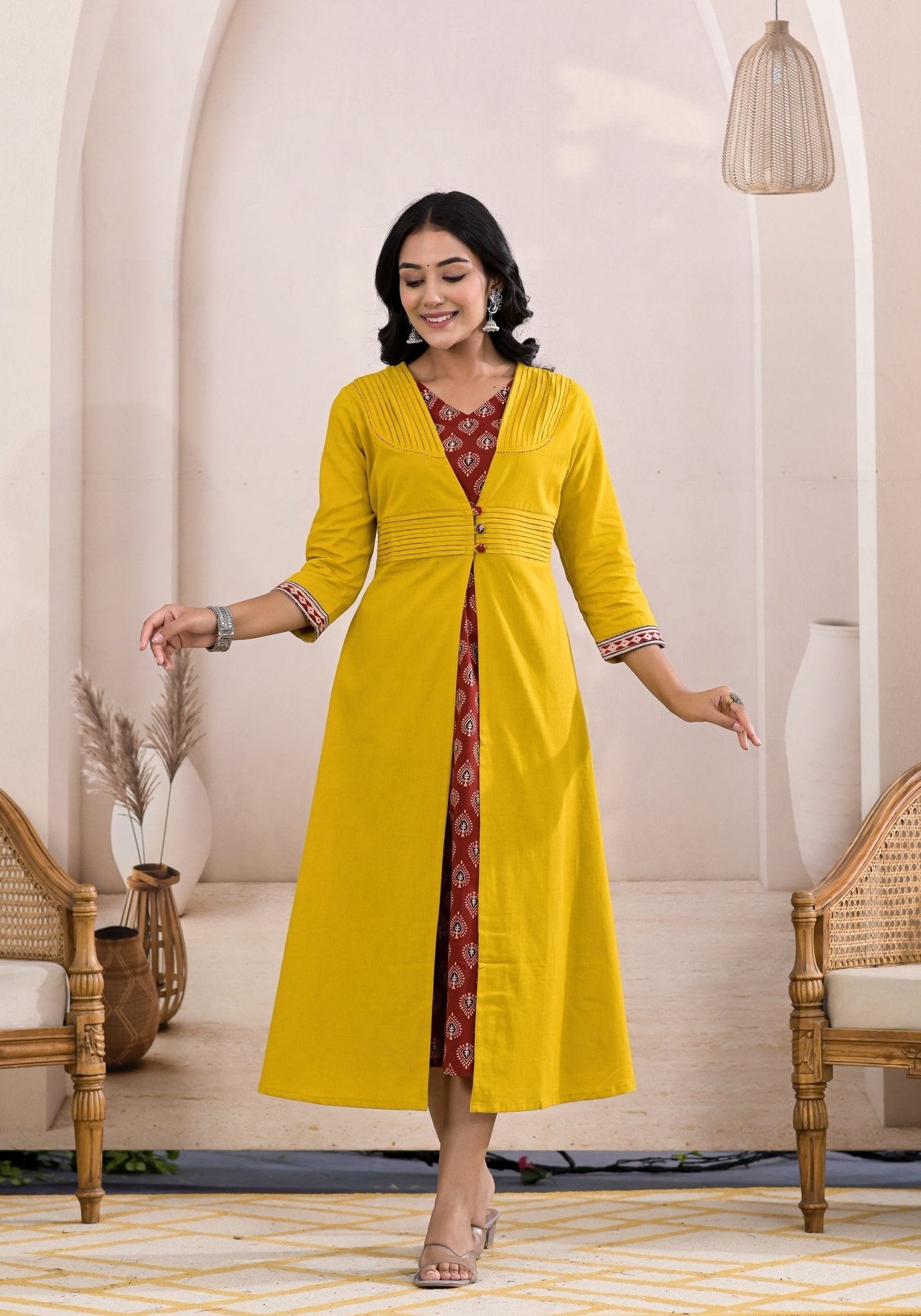 Attractive Yellow Block Print Midi Dress - Anusheet