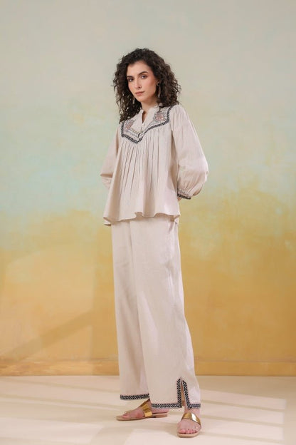 Beige Embroidered Co - ord Set Relaxed Fit, Chic & Comfortable - Anusheet Fashion