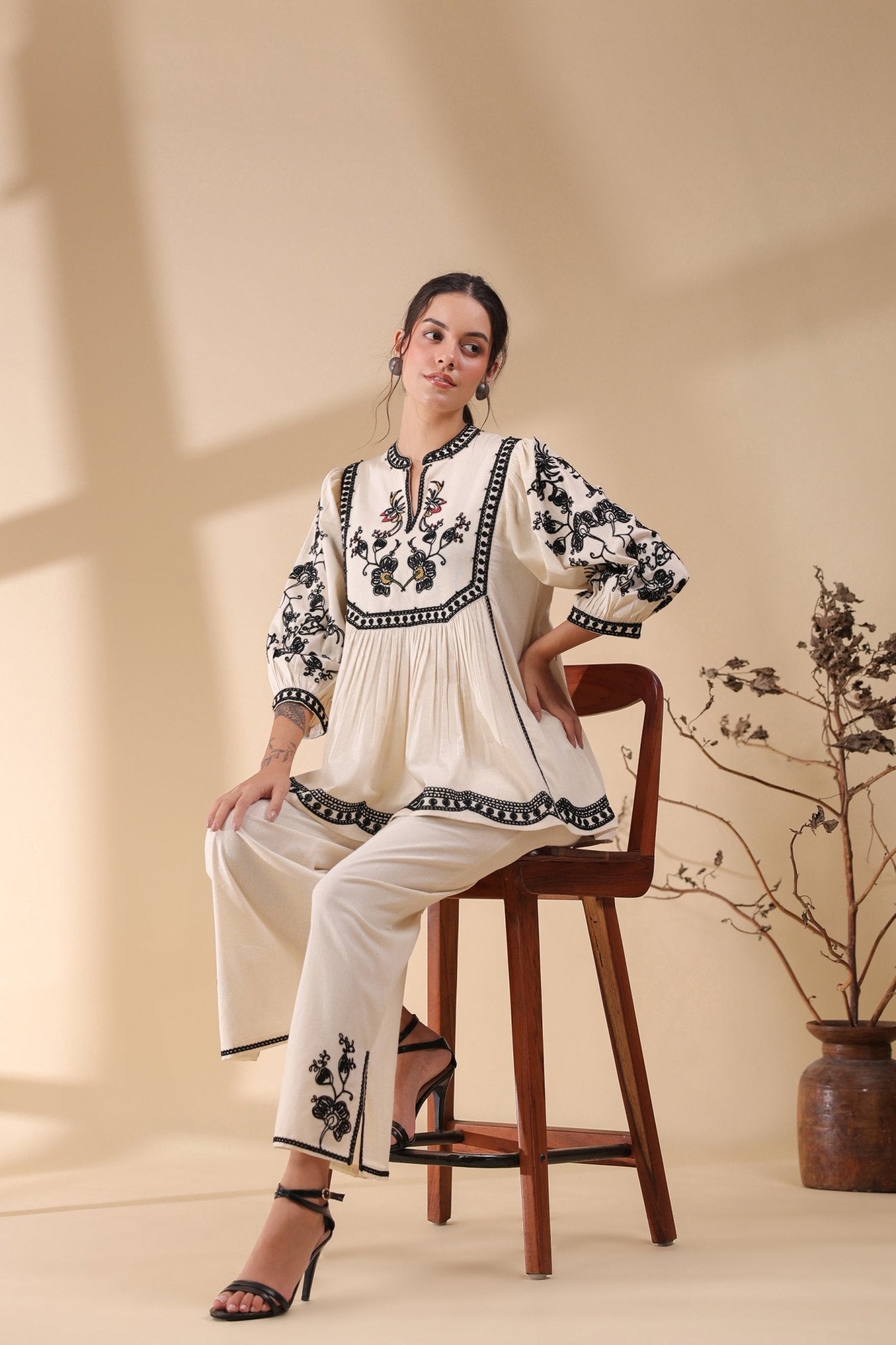 Black And White Threadwork Classy Co - ord Set - Anusheet