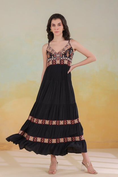 Black Embroidered Dress Sleeveless, Flowing & Elegant - Anusheet Fashion