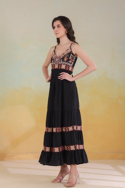 Black Embroidered Dress Sleeveless, Flowing & Elegant - Anusheet Fashion