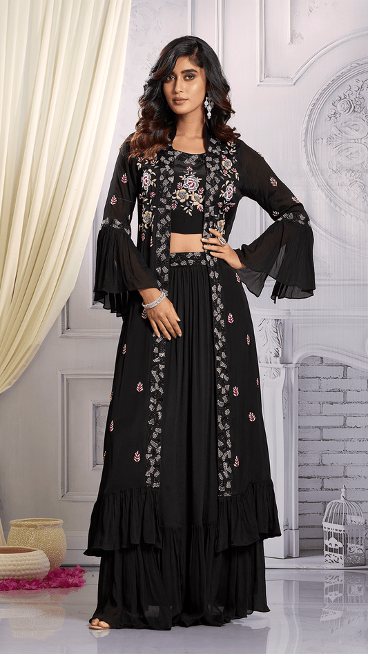 Black Thread Work Indo - Western With Chinon Fabric - Anusheet Fashion