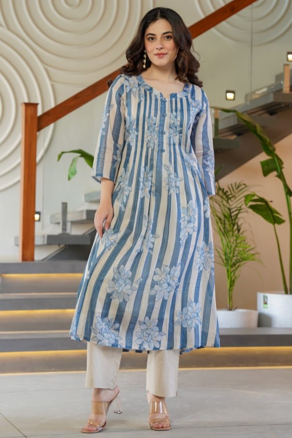 Blue Striped & Floral Flared Kurti with Trouser Set 2 Piece Summer Ensemble - Anusheet Fashion