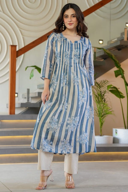 Blue Striped & Floral Flared Kurti with Trouser Set 2 Piece Summer Ensemble - Anusheet Fashion