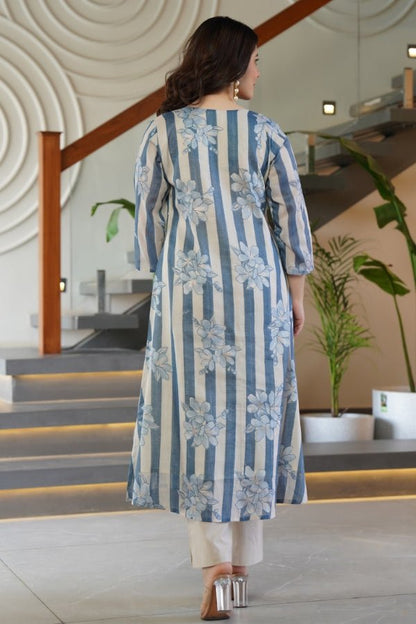 Blue Striped & Floral Flared Kurti with Trouser Set 2 Piece Summer Ensemble - Anusheet Fashion
