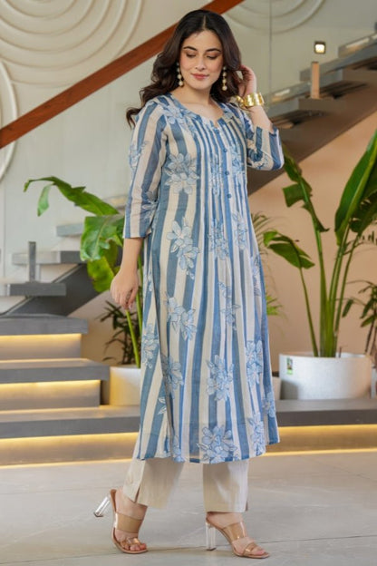 Blue Striped & Floral Flared Kurti with Trouser Set 2 Piece Summer Ensemble - Anusheet Fashion
