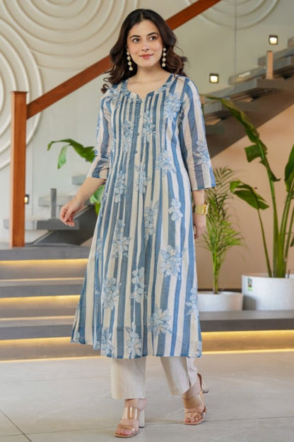 Blue Striped & Floral Flared Kurti with Trouser Set 2 Piece Summer Ensemble - Anusheet Fashion