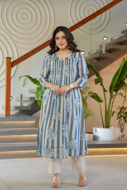 Blue Striped & Floral Flared Kurti with Trouser Set 2 Piece Summer Ensemble - Anusheet Fashion