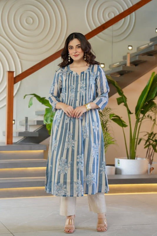 Blue Striped & Floral Flared Kurti with Trouser Set 2 Piece Summer Ensemble - Anusheet Fashion