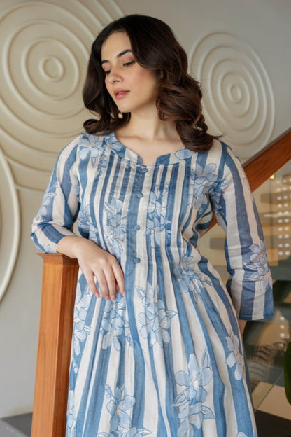 Blue Striped & Floral Flared Kurti with Trouser Set 2 Piece Summer Ensemble - Anusheet Fashion