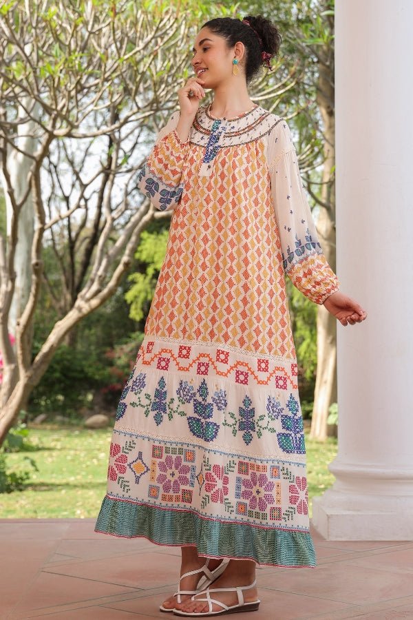 Bohemian Embroidered Maxi Dress Multicolor Ethnic Print - Anusheet Fashion