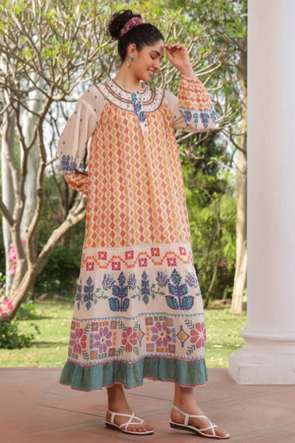 Bohemian Embroidered Maxi Dress Multicolor Ethnic Print - Anusheet Fashion