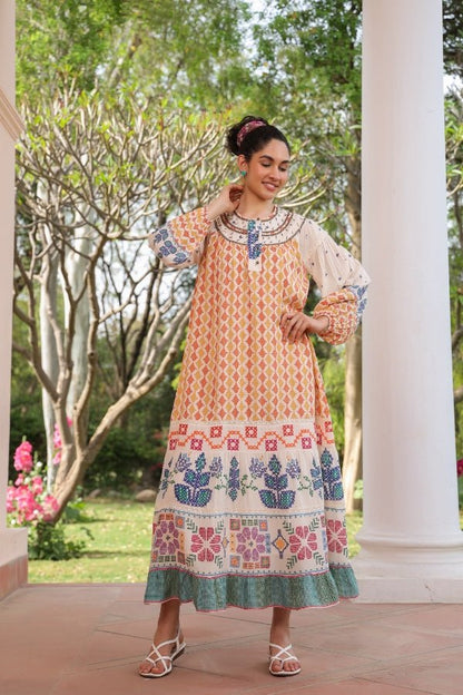 Bohemian Embroidered Maxi Dress Multicolor Ethnic Print - Anusheet Fashion