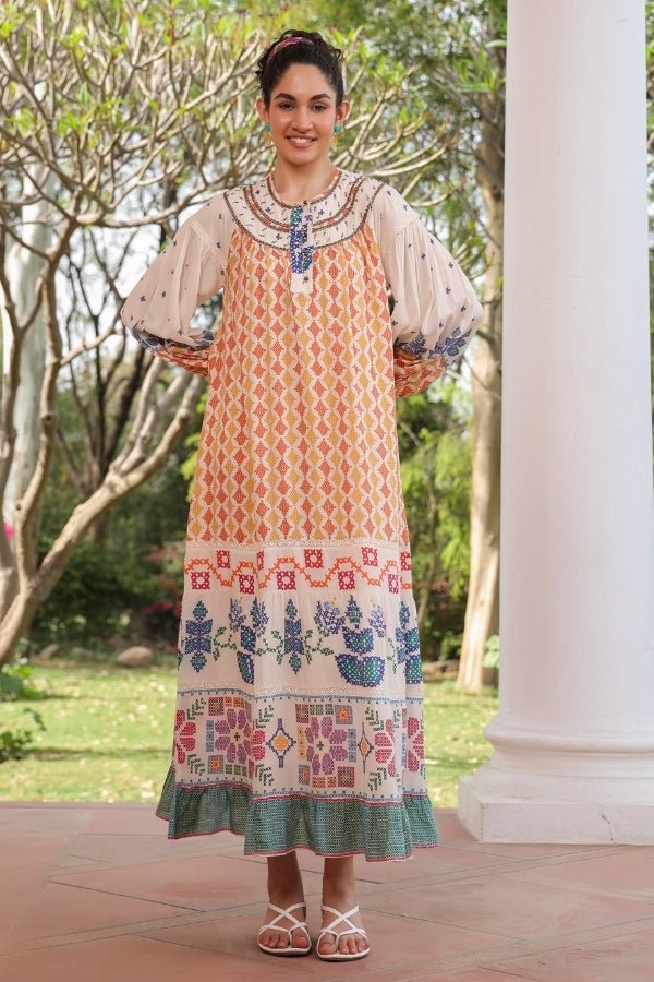 Bohemian Embroidered Maxi Dress Multicolor Ethnic Print - Anusheet Fashion
