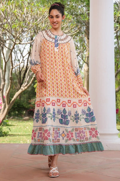Bohemian Embroidered Maxi Dress Multicolor Ethnic Print - Anusheet Fashion