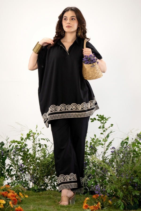 Bold & Boho: Black Kaftan Style Co - Ord Set with Tribal Embroidery 🖤 - Anusheet Fashion
