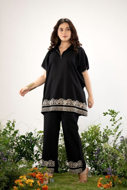 Bold & Boho: Black Kaftan Style Co - Ord Set with Tribal Embroidery 🖤 - Anusheet Fashion