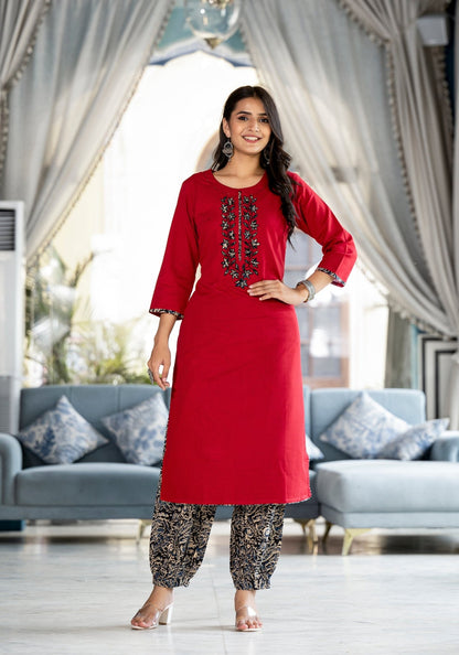 Cherry Red Digital Print Suit Set - Anusheet Fashion