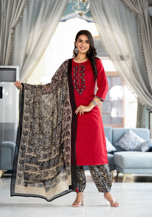 Cherry Red Digital Print Suit Set - Anusheet Fashion