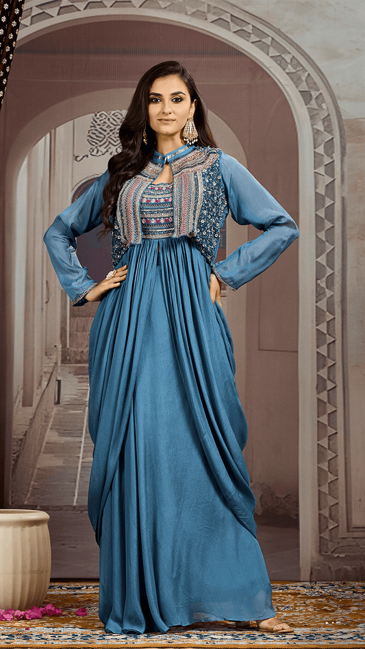 Chic Blue Premium Handwork Indo Western Lehenga With Shrug - Anusheet Fashion