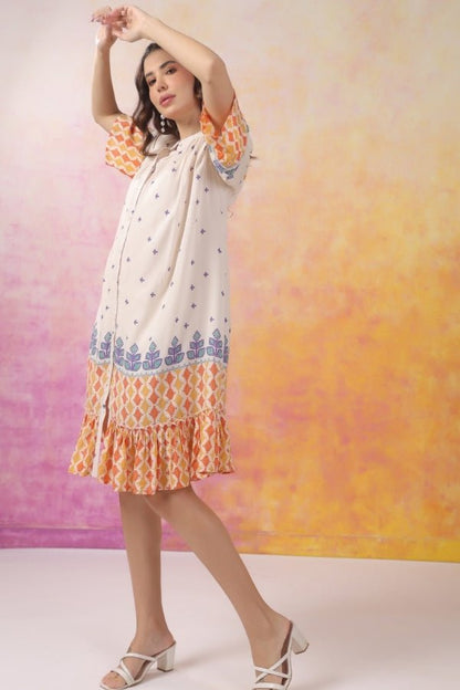 Chic Pure Muslin A - Line Dress – Off White & Orange - Anusheet Fashion