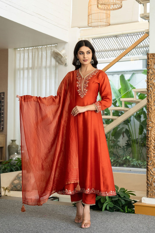 Chic Rust Muslin Anarkali Suit Set with Handwork Ethnic Wear - Anusheet Fashion