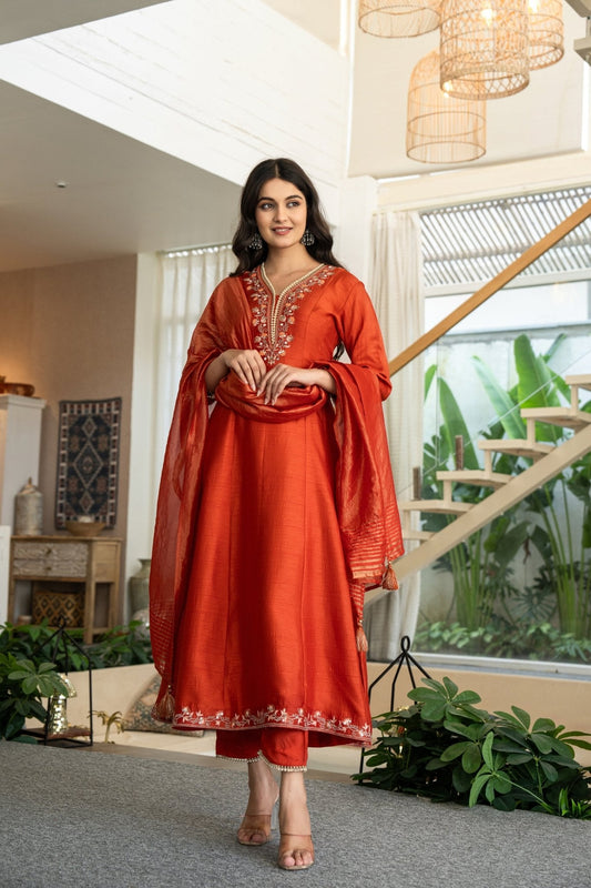 Chic Rust Muslin Anarkali Suit Set with Handwork Ethnic Wear - Anusheet Fashion