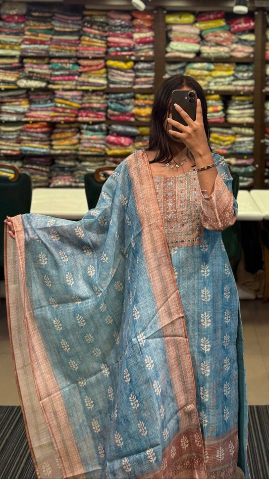 Chic Sky Blue Pure Chanderi Printed Suit Set - Anusheet Fashion