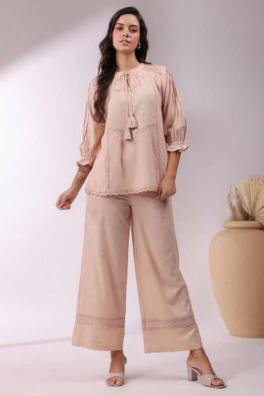 Cotton Co - Ord Set with Pant And Border Lace Work Stylish & Comfortable - Anusheet Fashion