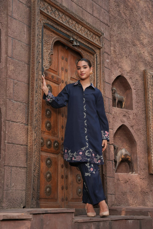 Dark Blue Thread Embroidery Co - ord Set - Anusheet Fashion