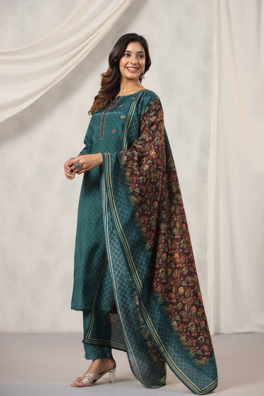 Dark Green Traditional Printed Suit Set - Anusheet Fashion