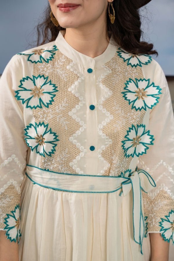 Mahima White Traditional Embroidered Flared Long Anarkali Dress Mahima White Traditional Embroidered Flared Long Anarkali Dress