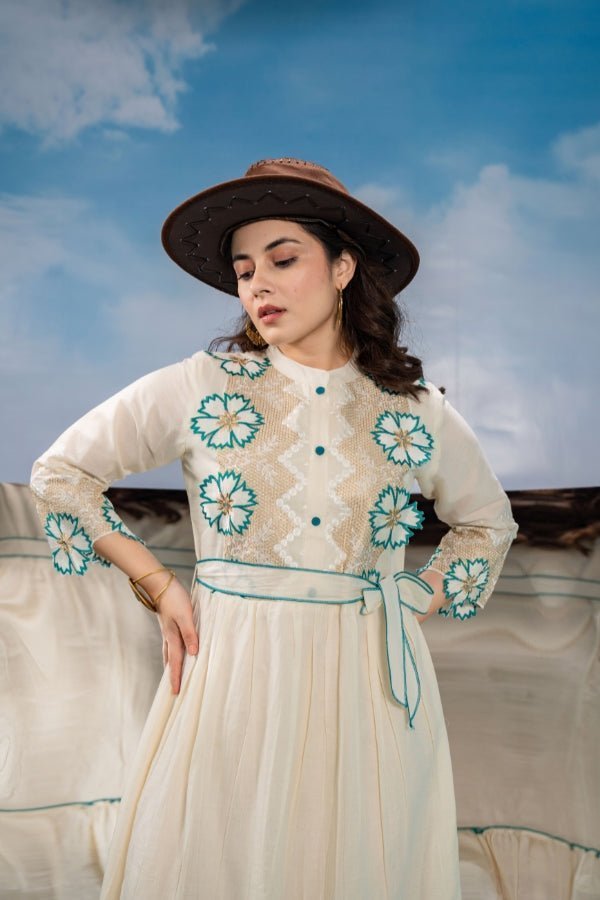 Mahima White Traditional Embroidered Flared Long Anarkali Dress Mahima White Traditional Embroidered Flared Long Anarkali Dress