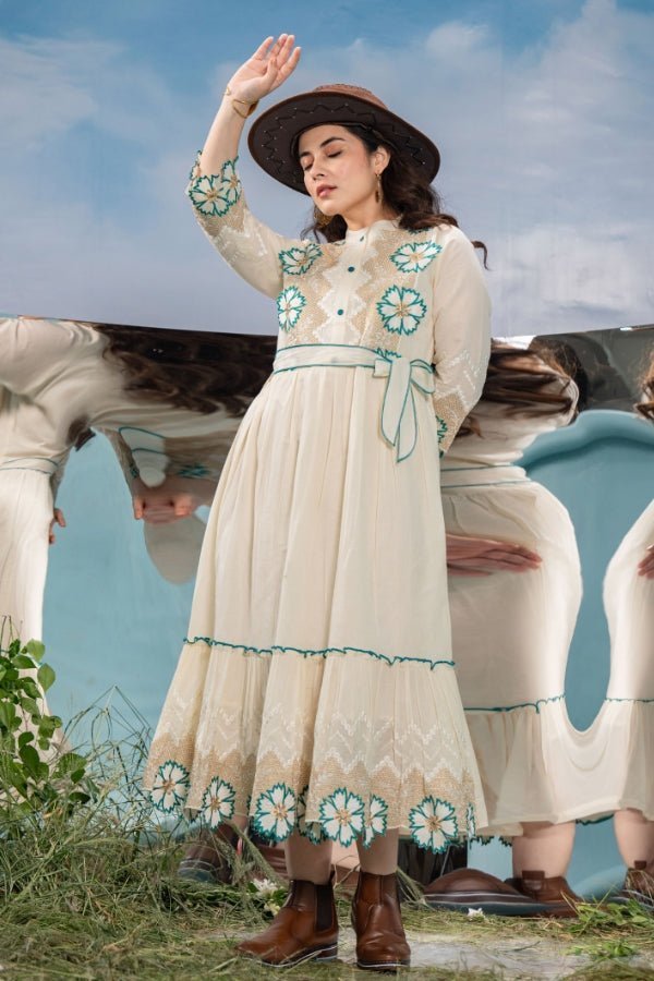 Mahima White Traditional Embroidered Flared Long Anarkali Dress Mahima White Traditional Embroidered Flared Long Anarkali Dress