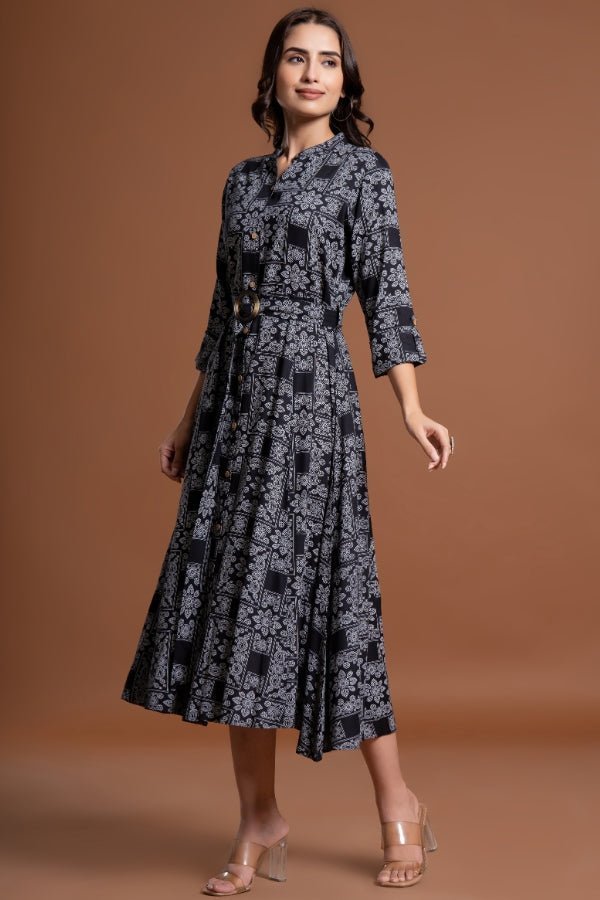 Elegant Black Floral Belted Midi Dress - Anusheet Fashion