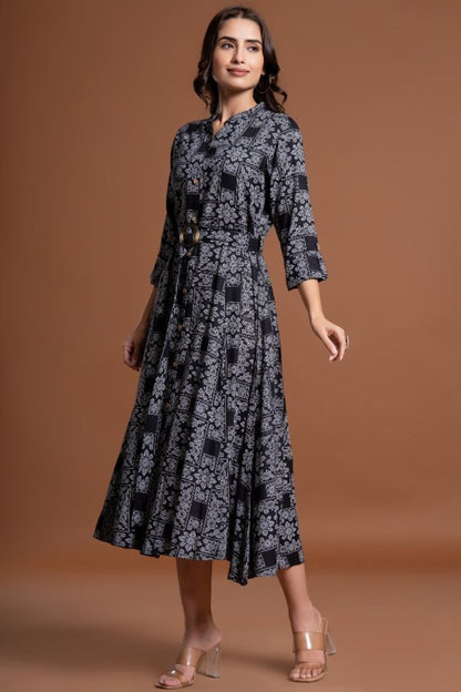 Elegant Black Floral Belted Midi Dress - Anusheet Fashion