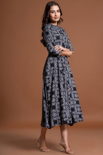 Elegant Black Floral Belted Midi Dress - Anusheet Fashion