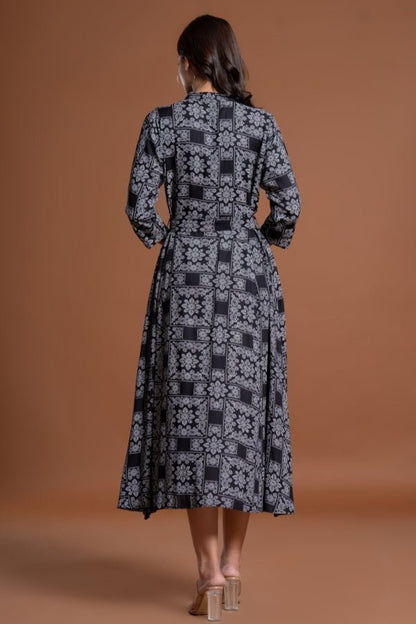 Elegant Black Floral Belted Midi Dress - Anusheet Fashion