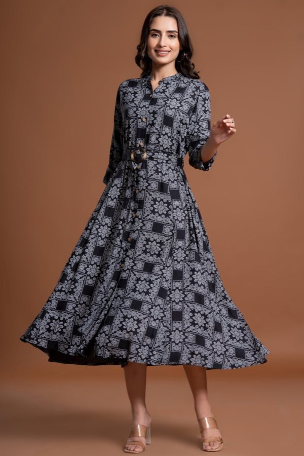 Elegant Black Floral Belted Midi Dress - Anusheet Fashion