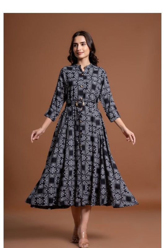 Elegant Black Floral Belted Midi Dress - Anusheet Fashion