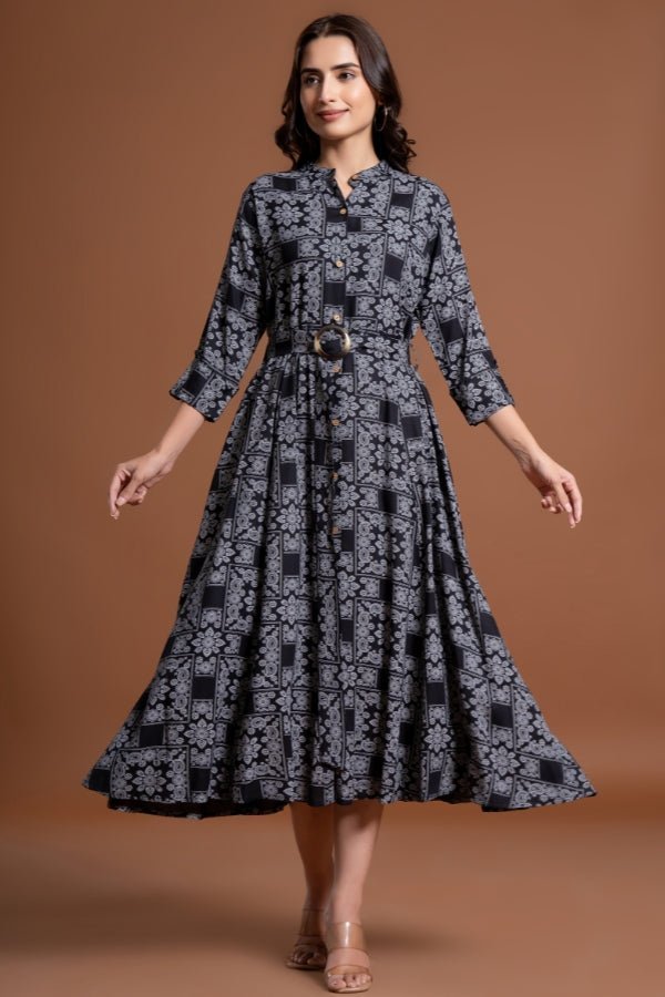 Elegant Black Floral Belted Midi Dress - Anusheet Fashion