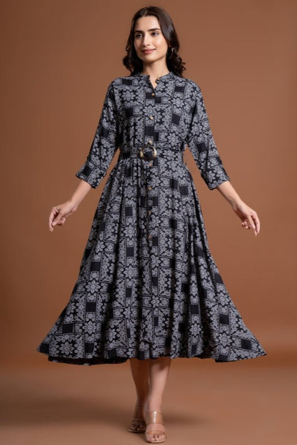 Elegant Black Floral Belted Midi Dress - Anusheet Fashion