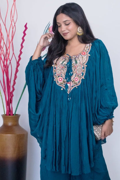 Elegant Blue Indo - Western Embroidered Dress Perfect for Parties & Special Occasions - Anusheet Fashion