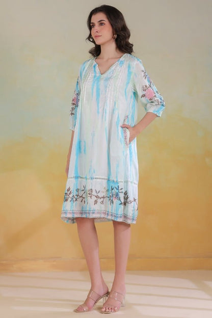 Elegant Blue Pure Muslin Embroidered Dress – M to XXL - Anusheet Fashion